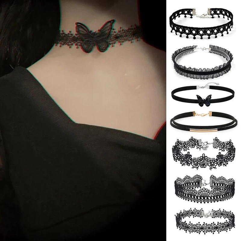 Fashion Gothic Black Butterfly Lace Necklace For Women Elastic Velvet Flower Petals Vintage Punk Choker Chain Jewelry Gifts