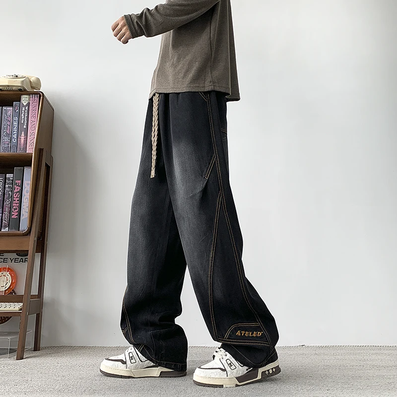 2026 Spring New American Retro Washed Wide Leg Jeans for Men Trendy Brand Splicing Loose Casual Pants