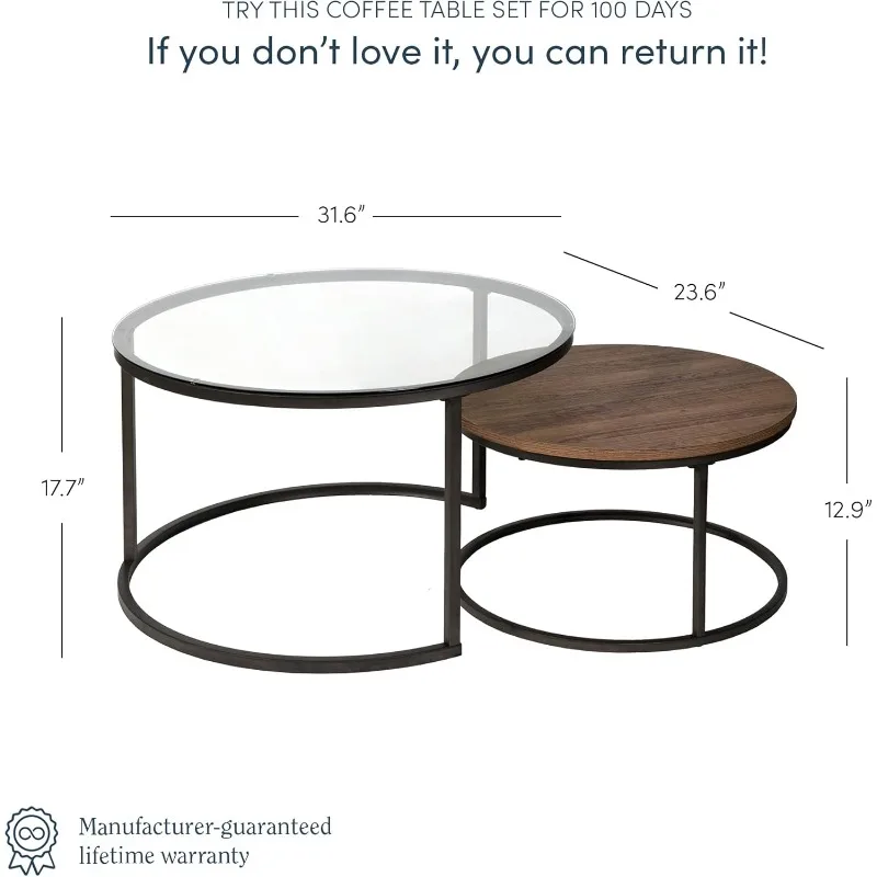 Stella Round Modern Nesting Coffee Set of 2, Stacking Living Room Accent Tables, Rustic Oak/Gunmetal/Clear Glass