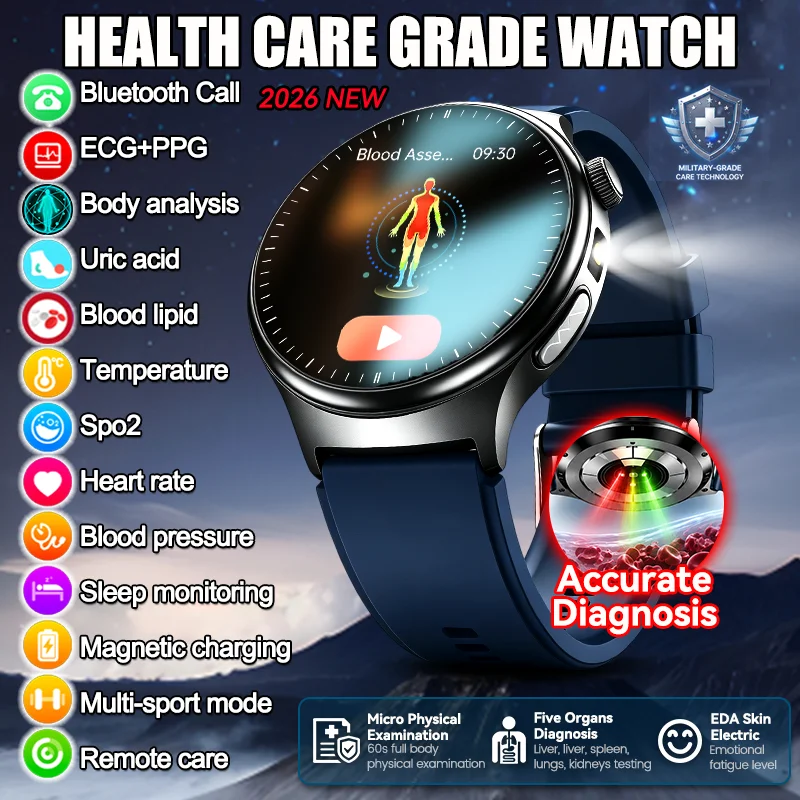 New Health Care Men Smart Watch ECG Uric Acid Hypertension Blood Oxygen Temp Five Organs Physical Examination BT Call Smartwatch