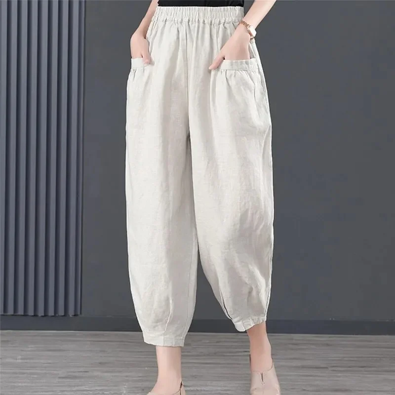 Pantalon sarouel en coton et chanvre pour femmes, ample, couleur unie, court, décontracté, neuf points, carotte, été 2025, pour maman