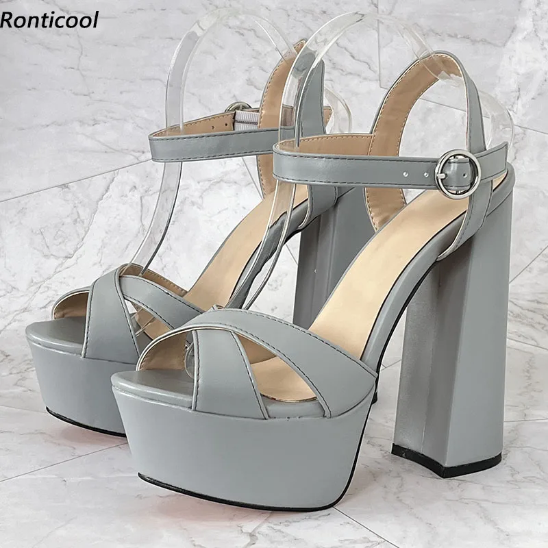 

Ronticool Handmade Women Summer Sandals Chunky High Heels Round Toe Cool Grey Night Club Shoes Ladies US Size 5-15
