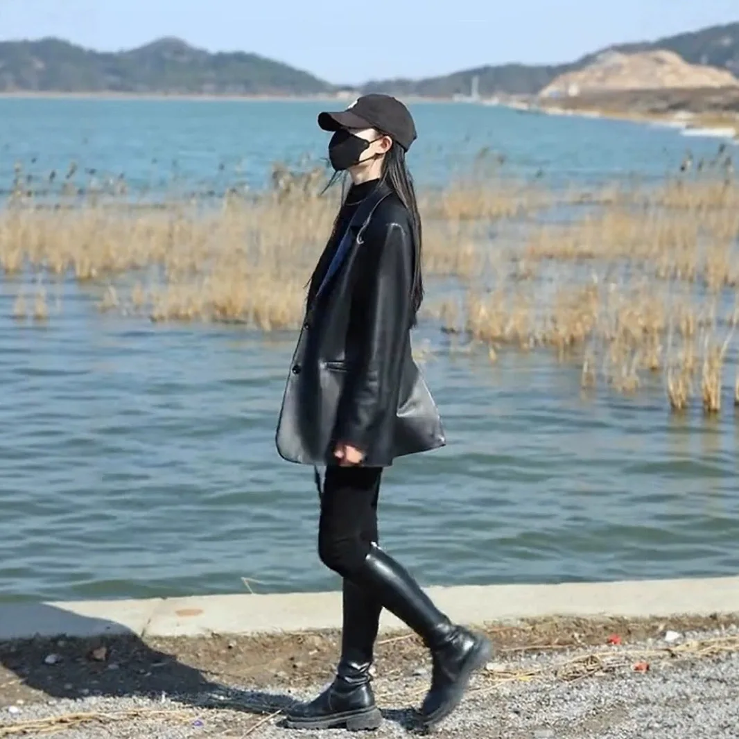 Casual Leather For Women 2025 Spring/Autumn Korean Style Biker Loose Fashionable Black Small Blazer PU Jacket