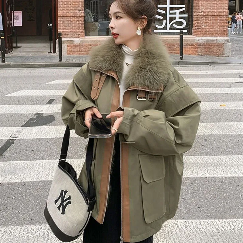 New Parker Overcoat Women\'s Winter Fleece Thick Padded Cotton Coat Large Fur Collar Cotton Clothing Female Padded Jacket