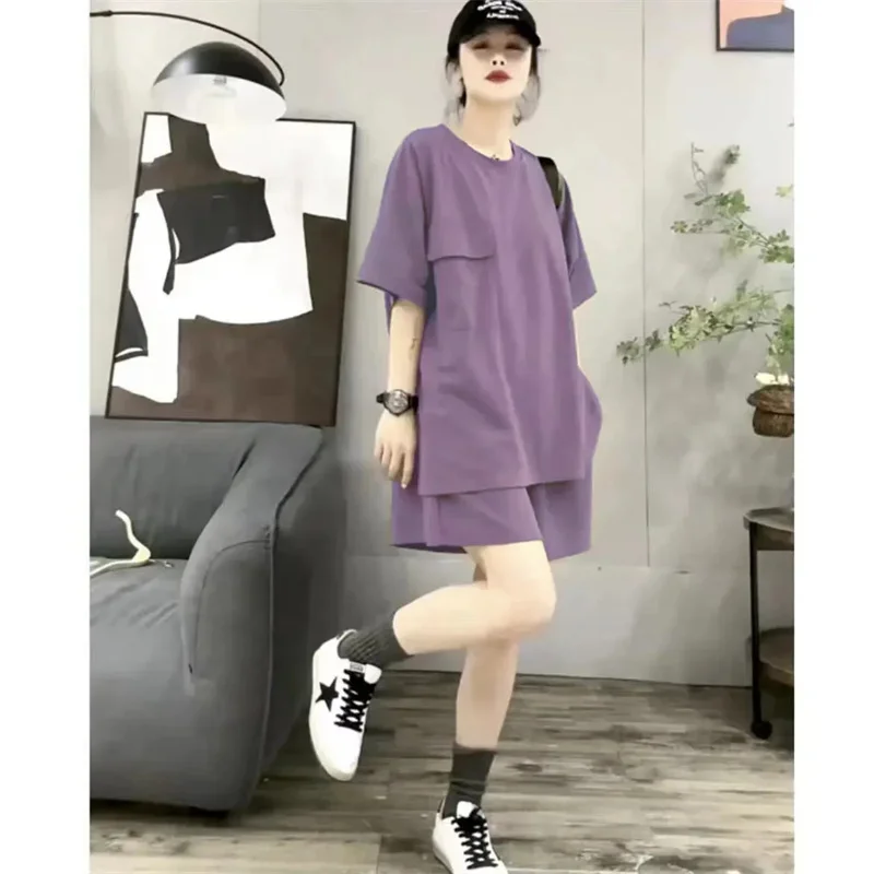 Summer Women Fashion Short Sleeve Two Piece Set Lady Thin Loose Top Short Pants Korean Feminine Large Size 5XL Solid Color 2PCS