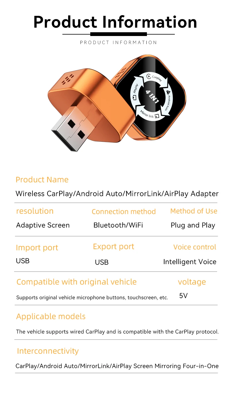 Picture 6: 4-in-1 Wireless Adapter，Converts Wired CarPlay & Android Auto to Wireless, with Full iOS & Android Screen Mirroring