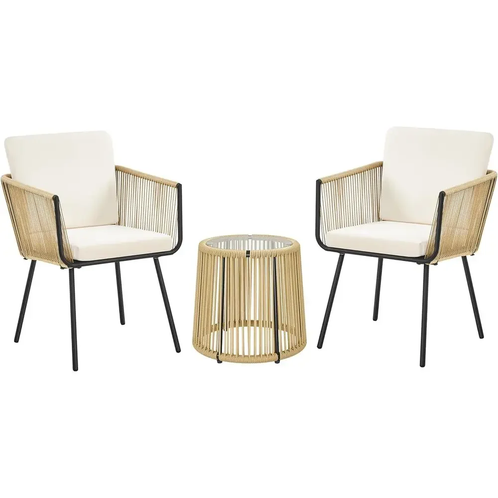 Outdoor PE Wicker 3-Piece Bistro Set with 2 Chairs, Glass Top Table, and Cushions for Patio, Porch, Garden, or Yard in Tan/Cream