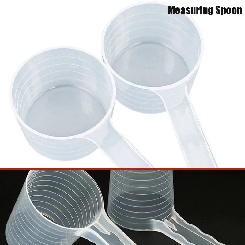 Colher medidora de plástico transparente com escala, colher de alimentação para animais de estimação, colher de sal, pó de lavagem, utensílios de cozinha, 1 peça, 10-100ml