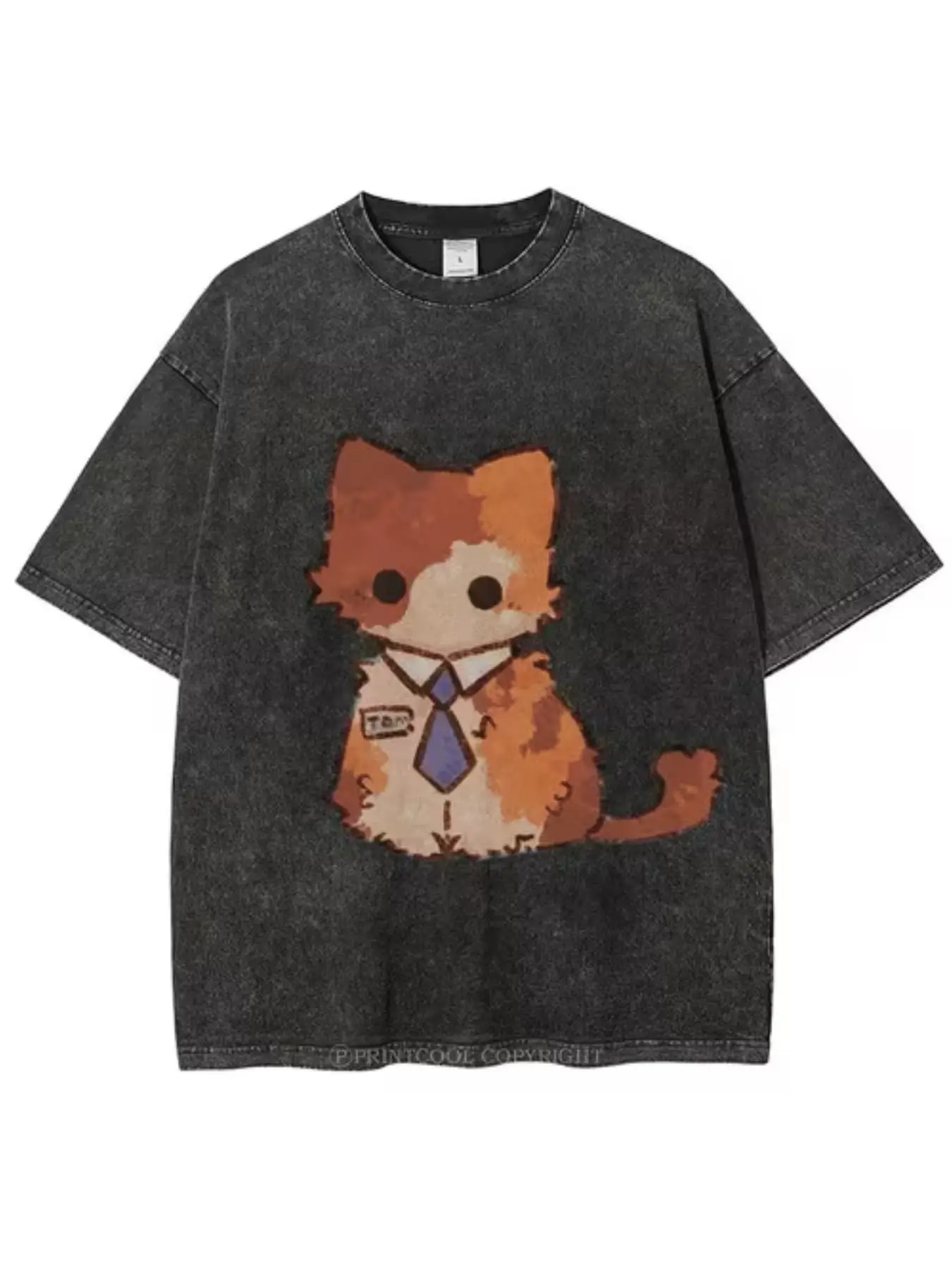 Cute Cartoon Cat Graphic T-Shirt - Vintage Washed Crew Neck Short Sleeve Tee, Oversized Loose Fit Streetwear Top, Soft Breathable Summer Casual Shirt - Perfect Gift for Cat Lovers, Birthday, Holiday, Anime Fans And Friends