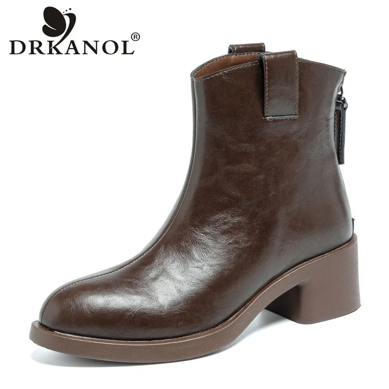 

DRKANOL British Style Women Thick Heel Ankle Boots Autumn Winter Real Cowhide Back Zipper Round Toe Plush Warm Chelsea Boots