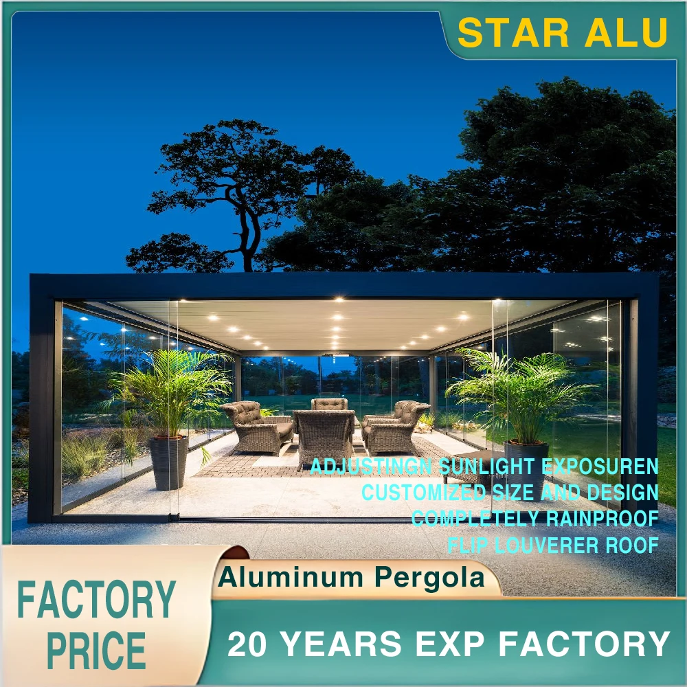

Luxury Outdoor Pergola Gazebo with Motorized Louvered Roof, Integrated LED Lighting, and Sliding Glass Doors Aluminum Pergola