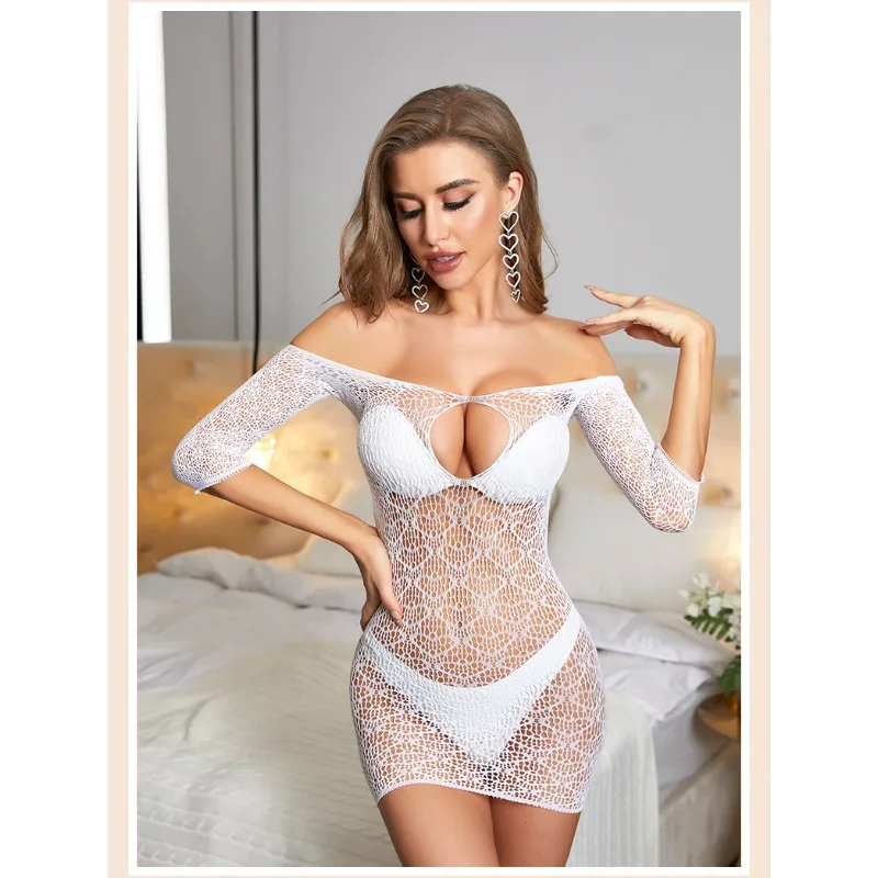 بدلة نسائية من Glow The Dark بأكمام شبكية أزرق وأخضر فاتح ملابس داخلية شفافة مخرمة فستان كلوبوير مثير للحفلات