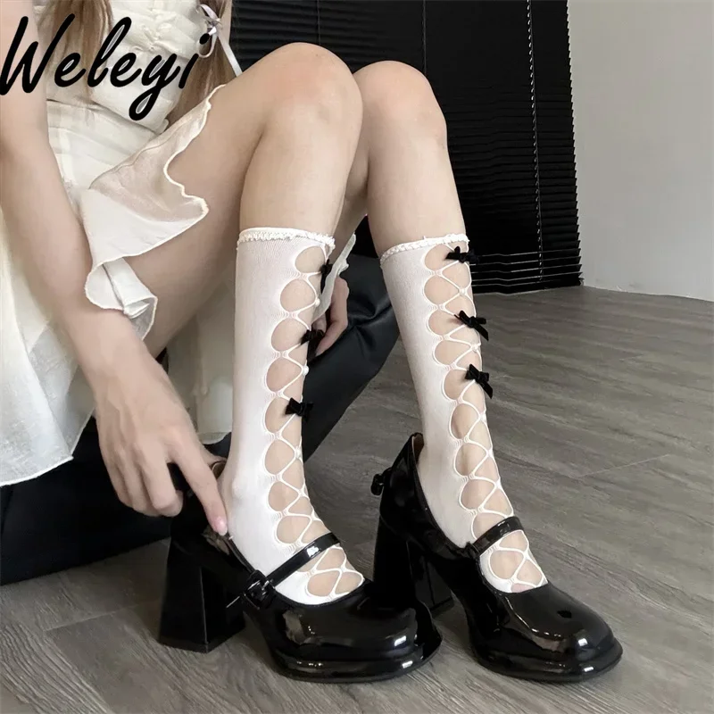 Sexy Sweet Bow Hollow Black Tube Socks Jirai Kei Japanese Women's Summer Y2k Lolita Ripped White Calf Stockings Two Wear 2024