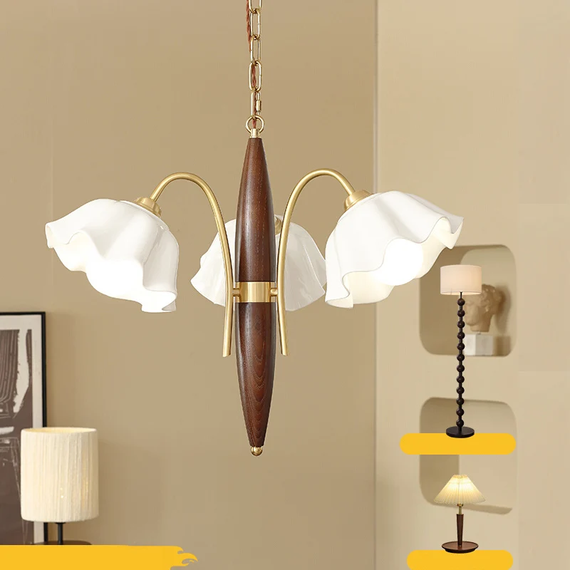 

French medieval all copper living room Chandelier, cream style ceramic flower light, American retro bedroom