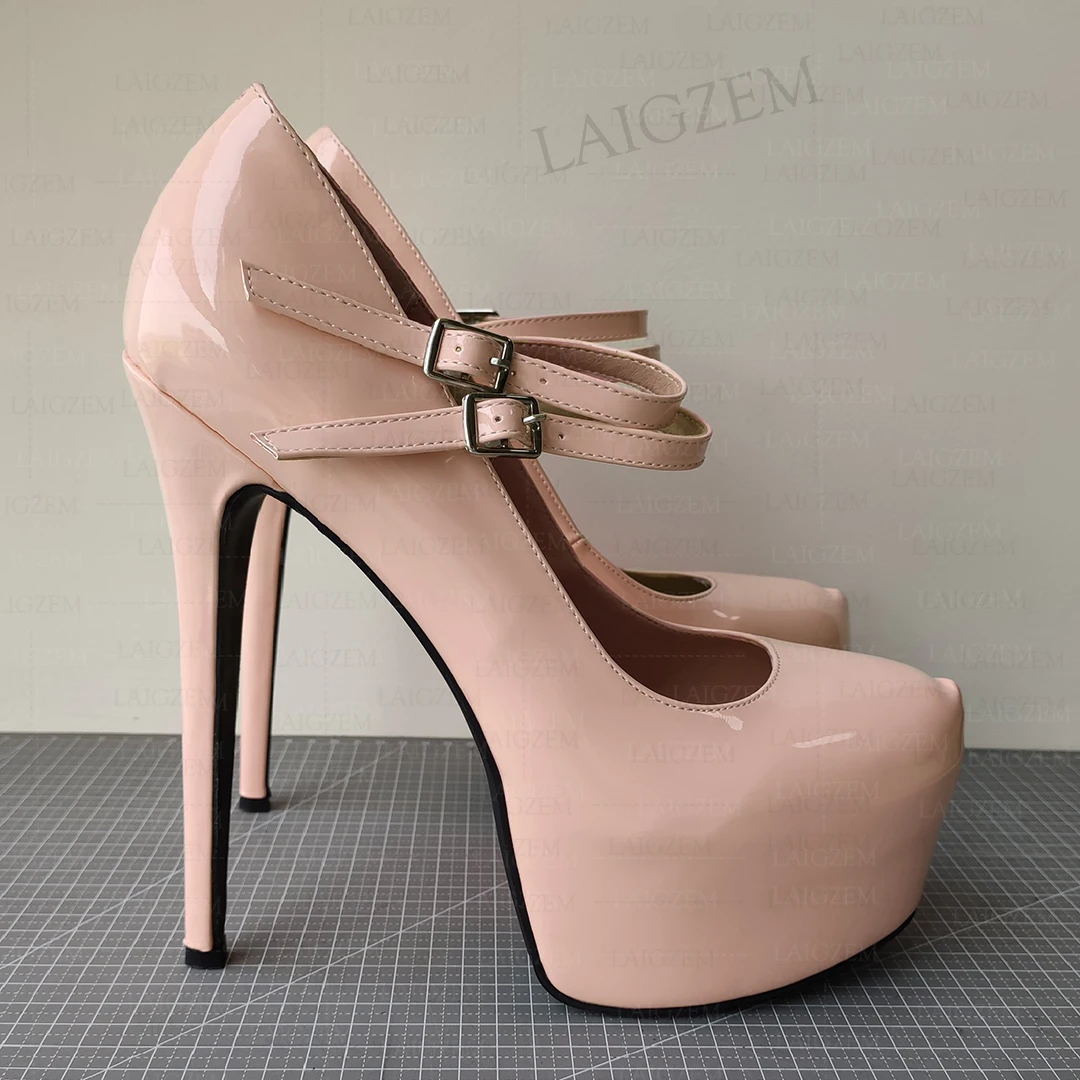 

BERZIMER Women Platform Pumps Mary Janes Round Toe Thin High Heels Ankle Strap Handmade Ladies Shoes Woman Big Size 41 43 46 52