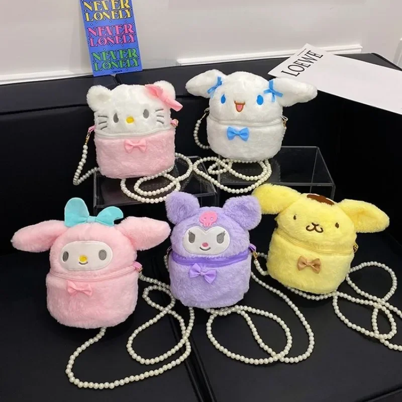 

Sanrio Plush Handbag Cute Cartoon Hello Kitty Melody Cosmetic Bag Girl Crossbody Kids Bag Capacity Portable Storage Shoulder Bag
