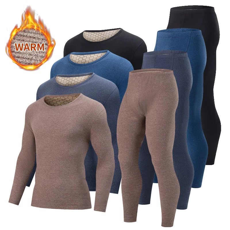 

2pcs Autumn And Winter Men's Thick Brushed Back Patch Thermal Underwear Set Comfortable Thick Long Sleeved Long Pants Base Shirt