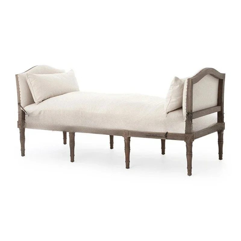 American country solid wood chaise longue furniture living room retro old oak fabric soft bag casual sofa chair