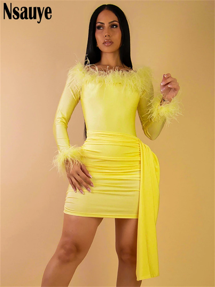 

Nsauye 2025 Summer Autum Feathers Skirt Set Long Sleeve Bodysuit Tops+Mini Skirt 2 Piece Set Women Party Outfits Matching Set