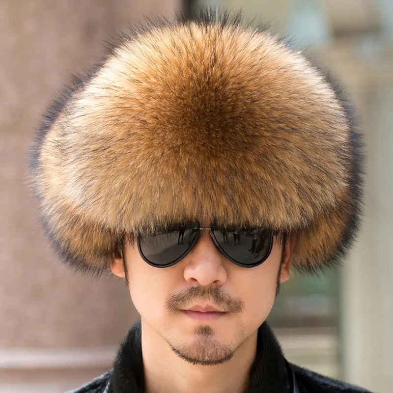 Real Raccoon Fur Hat Men's Winter 100% Natural Fox Fur Hats for Men Warm Russion Leather Fur Cap Sheepskin Ears Bombshell Furry