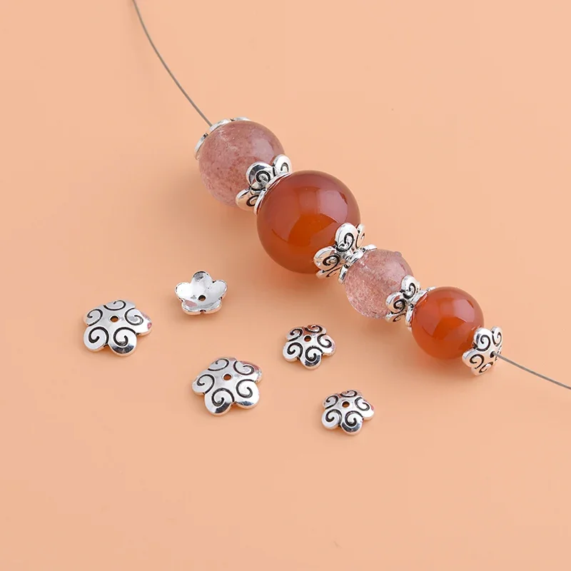 10pcsS925 Sterling Silver Retro Flower Receptacle, semi-finished handmade DIY string spacer beads accessories
