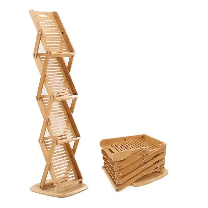 Foldable Wooden Bamboo Floor Magazine Rack with 4 Pockets for Pot Lid Catalog Literature Brochure Display Standing Storage