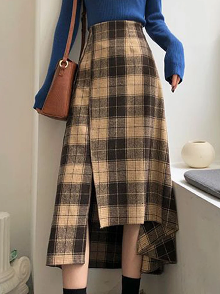 Plaid Long Skirts Women Vintage Irregular Woolen Midi Skirts Female Winter Warm High Waist Skirt Ladies Loose Retro A Line Skirt