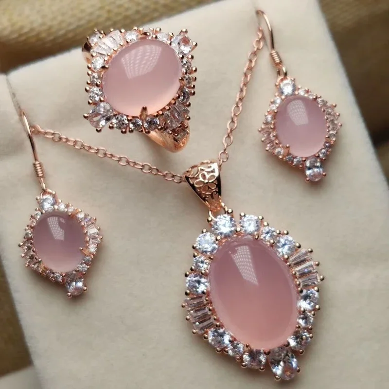 

S925 silver inlaid emperor green pink chalcedony pendant ring earrings three-piece jewelry set gift