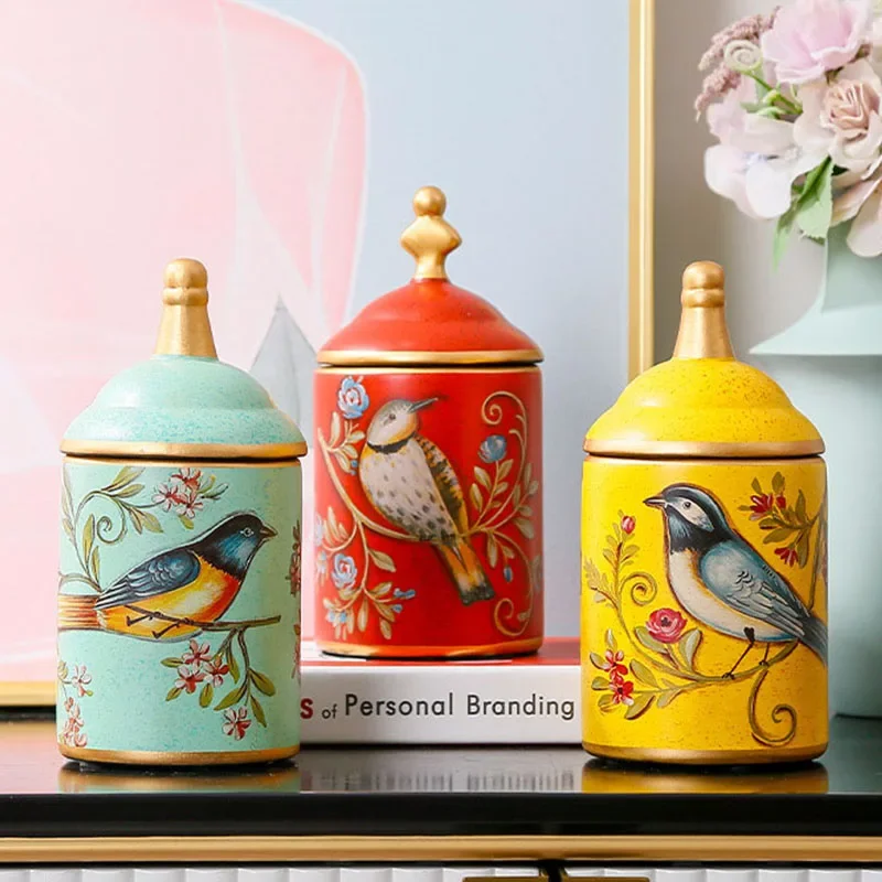 Classic Pastoral Bird Storage Jar with Lid Ceramic Storage Tank for Jewelry Spices Candy Multifunction Kitchen Storage Utensil