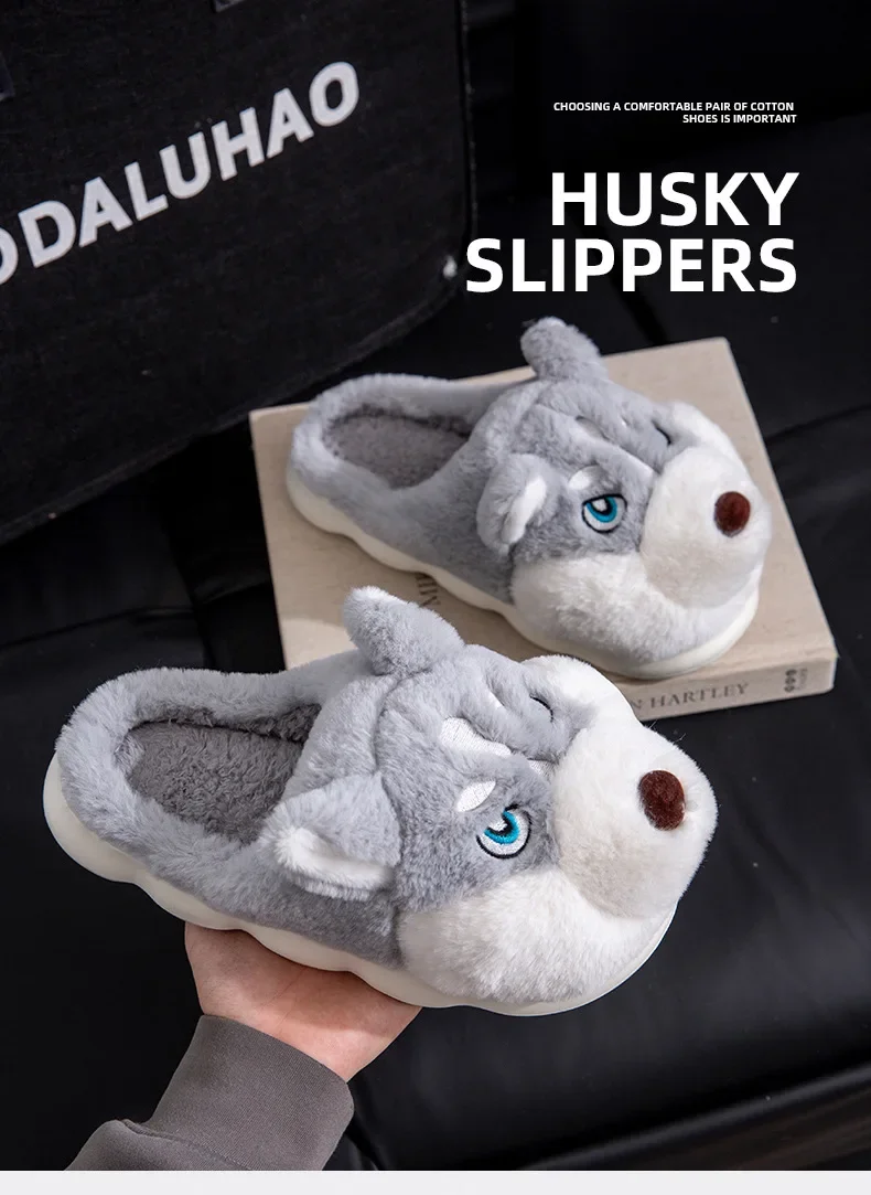 ZUOFU Niedliche Husky-Hund-Plüsch-Hausschuhe Herbst Winter Weiche Flauschige Rutschfeste Komfort-Hausschuhe EU 36-51 – Detail 9