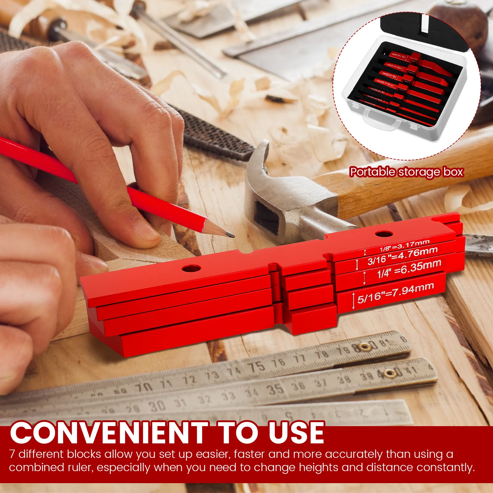 7 Buah Blok Pengaturan Meja Router Set Pengukur Tinggi Blok Pengaturan Kayu Aloi Aluminium dengan Label Terukir untuk Pertukangan
