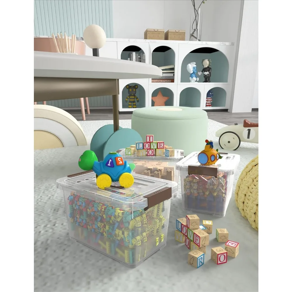 Stackable 7-Quart Clear Plastic Storage Boxes with Latching Lid and Brown Handle, Multi-Purpose, 7 Liter Capacity