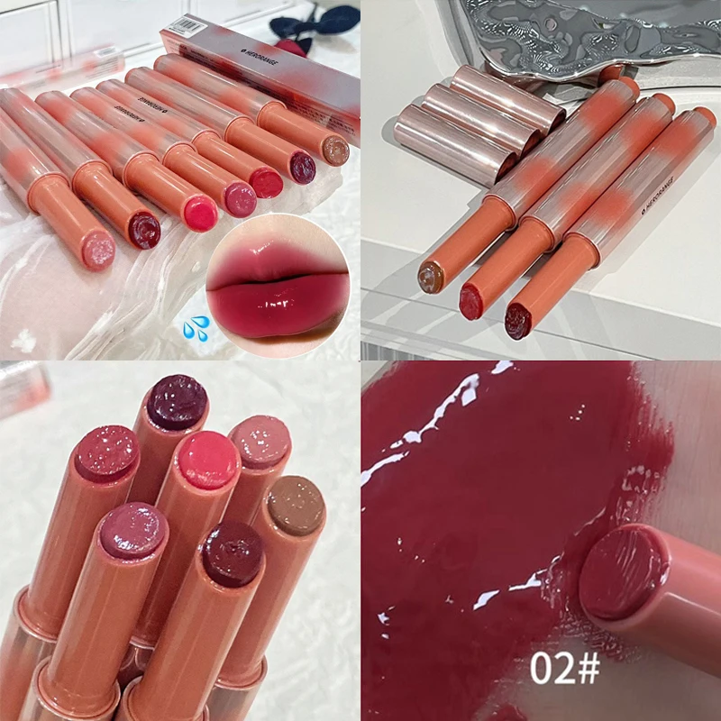 Lápiz labial de gelatina marrón fresa, brillo de labios de espejo de agua, hidratante, lápiz labial ligero de agua, maquillaje de labios no pegajoso