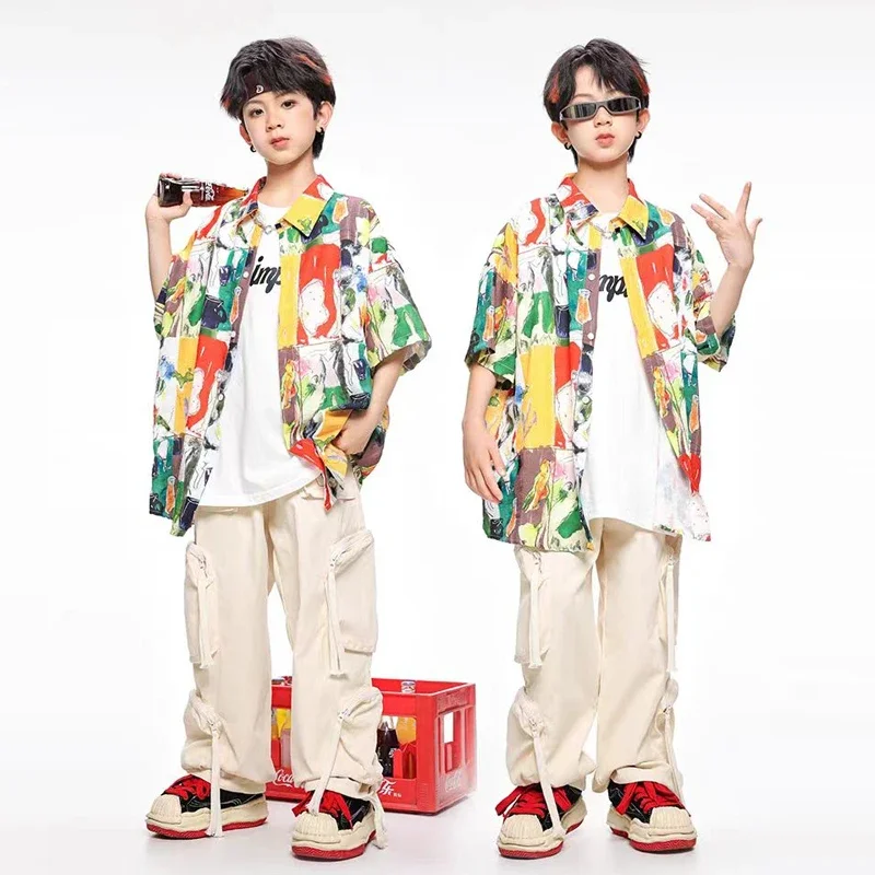 2024 New Children's Street Dance Trendy Clothing Boys Shirt Set Hiphop Loose Trendy Performance Outfits Catwalk Show Wear XH816