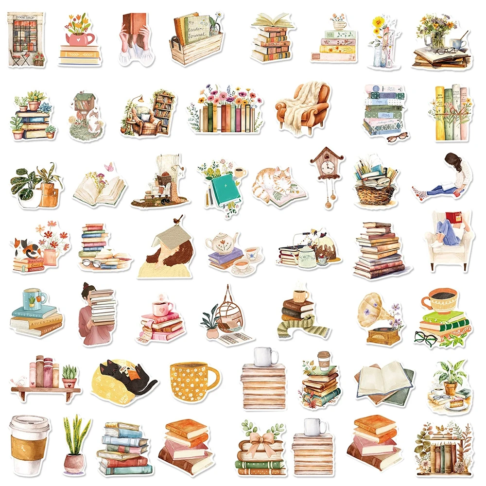 10/30/50pcs Vintage Watercolor Books Reading Stickers Aesthetic Graffiti Decals DIY Notebook Suitcase Laptop Decoration Sticker