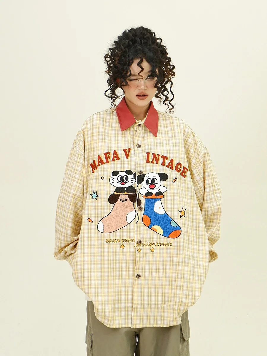 Towel Embroidered Cartoon Plaid Long-sleeved Shirts 2024 Autumn New Loose Bf American Trendy Top Women