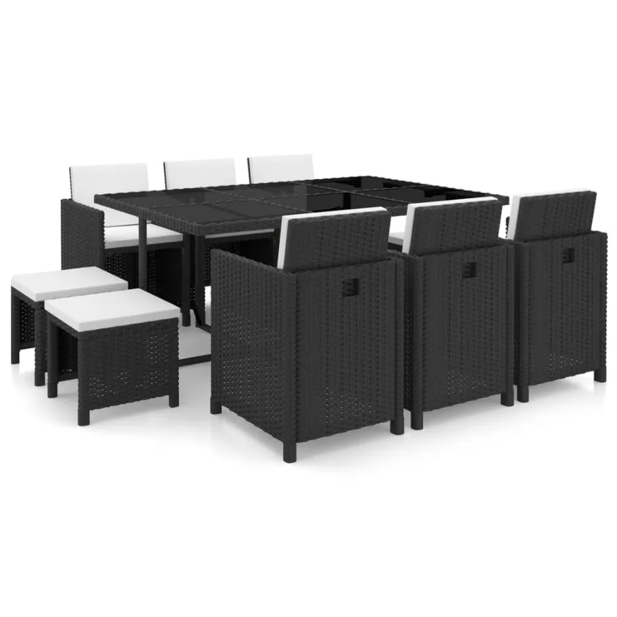 

11 Piece Patio Dining Set with Cushions Poly Rattan Black