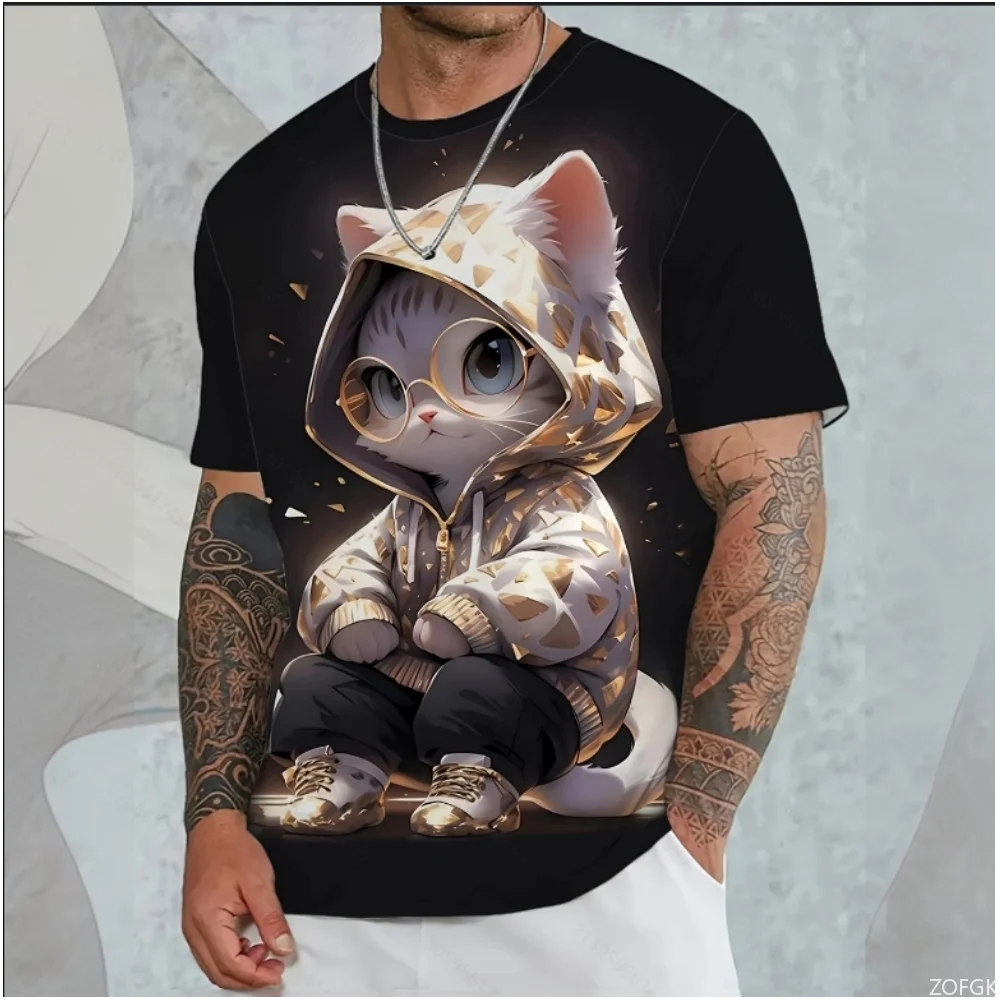 Herren T-Shirt Animation Stil Katze mit Kapuze Brille Muster 3D-Druck T-Shirts Kurzarm T-Shirts Übergroße Herrenbekleidung Tops