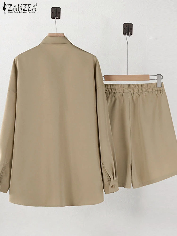 ZANZEA Casual Solid Short Sets Women Top and Pant Korean Fashion Elastic Waist Shorts 2-Piece Sets Long Sleeve Shirt 2pcs Outfit