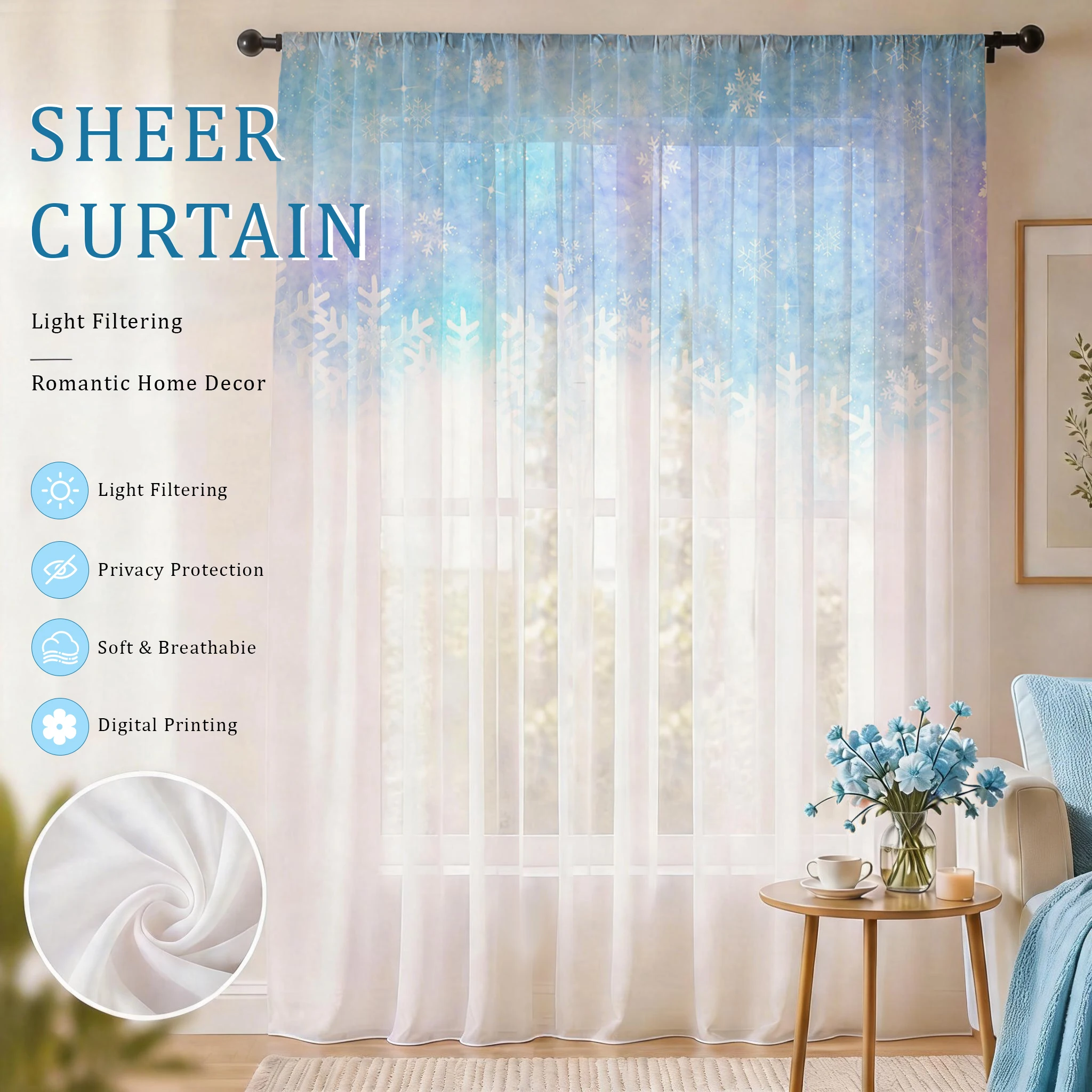 Frozen Blue Snowflake Rod Pocket Sheer Curtains, Winter Gradient Print Voile Window Curtain for Bedroom Living Room Home Decor