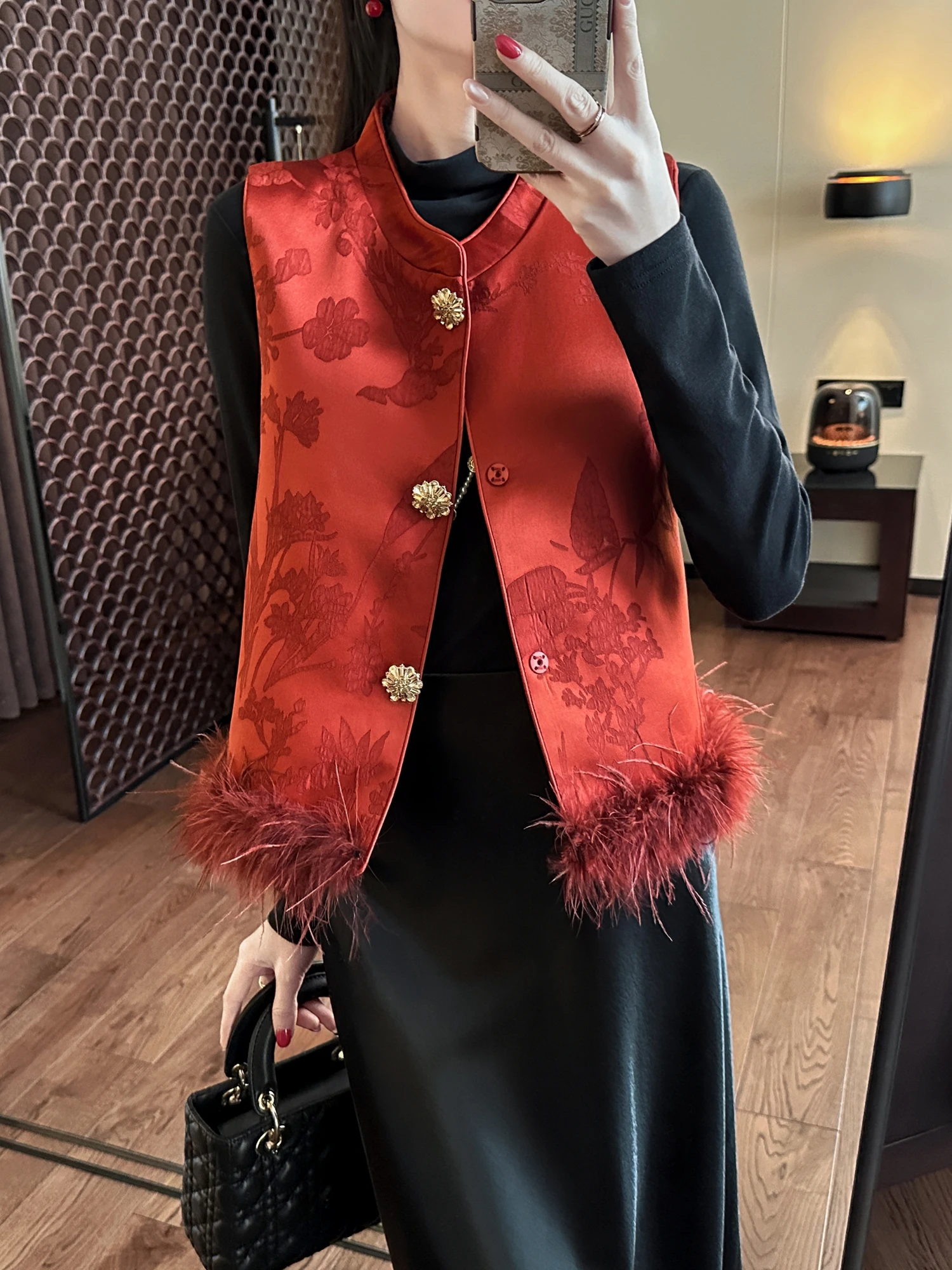 

New Chinese Sle Red Floral Embroidery Subtle Pattern Year-End Aosphere Serene Elegance Women's Vest Outerwear Commute Sle