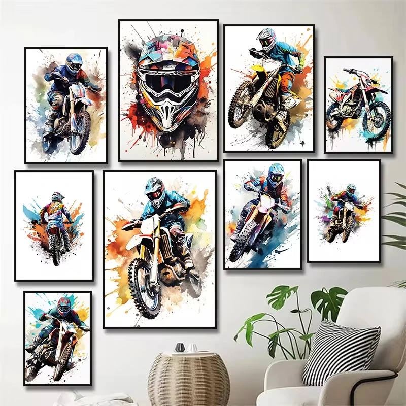 Watercolour Dirt Bike Motocross Canvas Painting Posters Prints Motorcycle Motorbike Wall Picture for Room Home Decor
