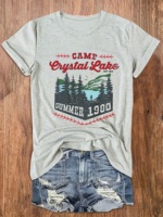 Crystal Lake Camp Print Women's Casual T-Shirt Graphic Print Round Neckline Vintage Y2k Tops Summer Casual Clothing