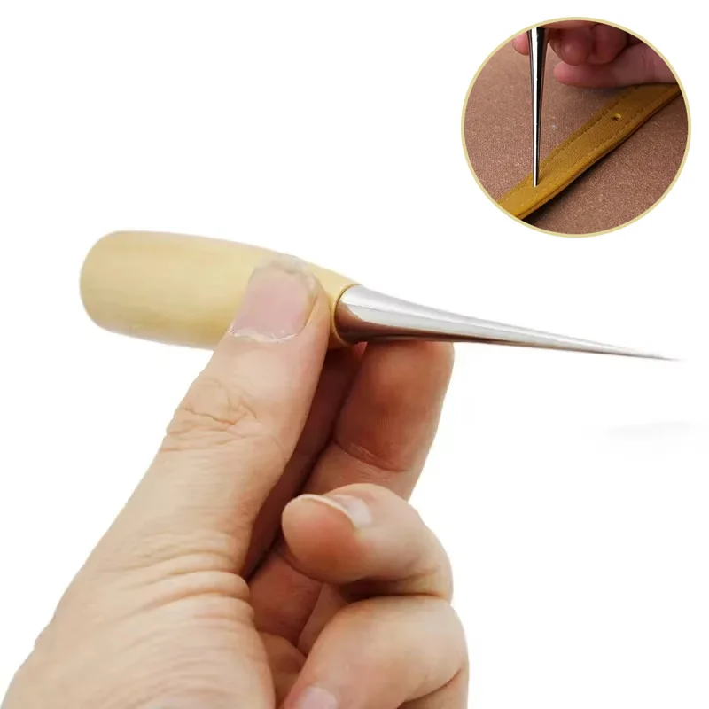 1 Uds. Herramienta de punzón de costura a mano de cuero, herramienta de punzonado para artesanía de cuero, punzón de acero con mango de madera, herramientas de costura artesanal de cuero