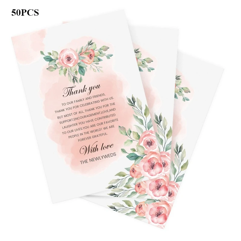 50 hojas por paquete, tarjetas de felicitación de boda con flores, tarjetas de mesa para eventos y banquetes, decoración de actividades de fiesta, tarjetas de agradecimiento de bendición