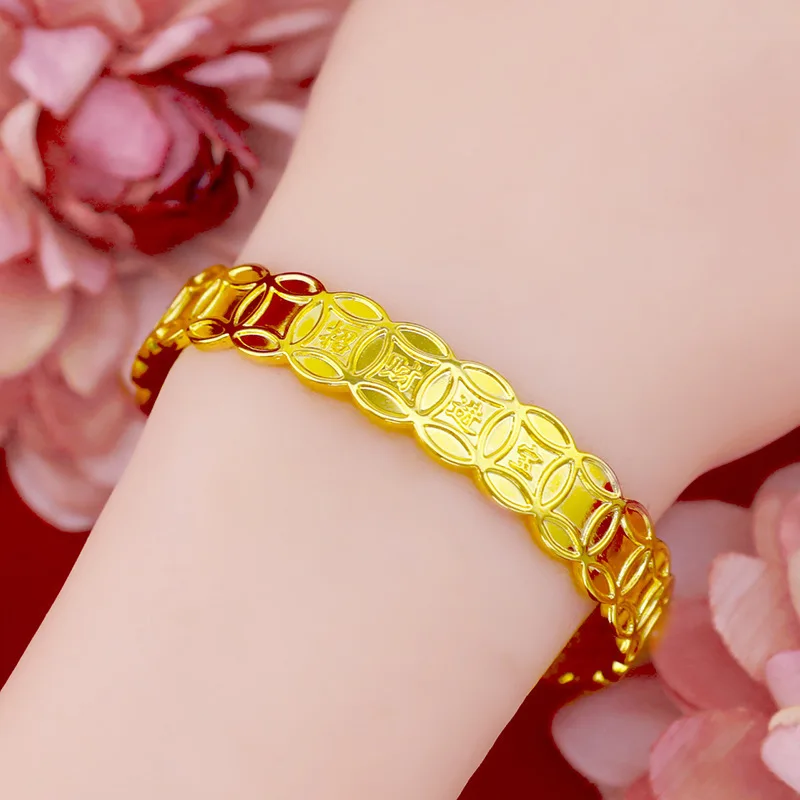 

Women's 24K Gold Coin Bangle | Double - coin stacking with micro - carved "Fu", hollow design, vintage & meaningful