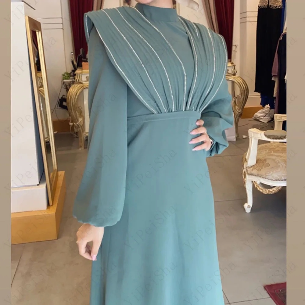 Customized A-Line Prom Dresses Floor-Length High-Neck Full Sleeve Evening Gown Fashion Stole Beading Simple Draped Party Gown