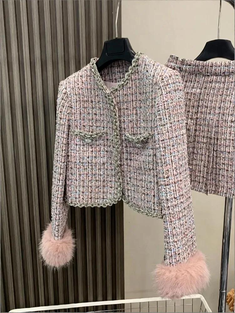 Chic Office Ladies O Neck Diamond Short Tweed Jackets Outfits Plaid Women Party Coat Skirt Two-Piece Set Above Knee Skirts Sets