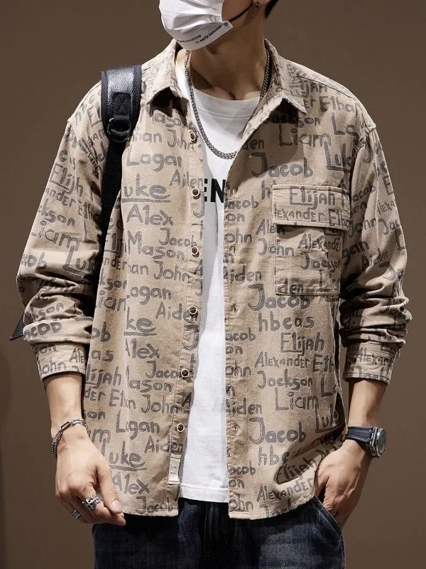 

Retro Japanese Sle Long Sve Letter Print Men's irt Spring Autumn Wear Resistant Loose Workwear Jaet Trendy