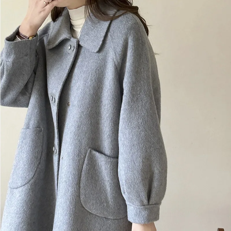 Small lapel design sense Small man simple Korean double-sided wool coat temperament elegant woolen coat new wide